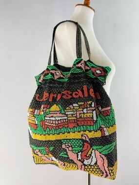 Beaded Jerusalem Camel Scene Drawstring Tote Bag in Black and Multicolor